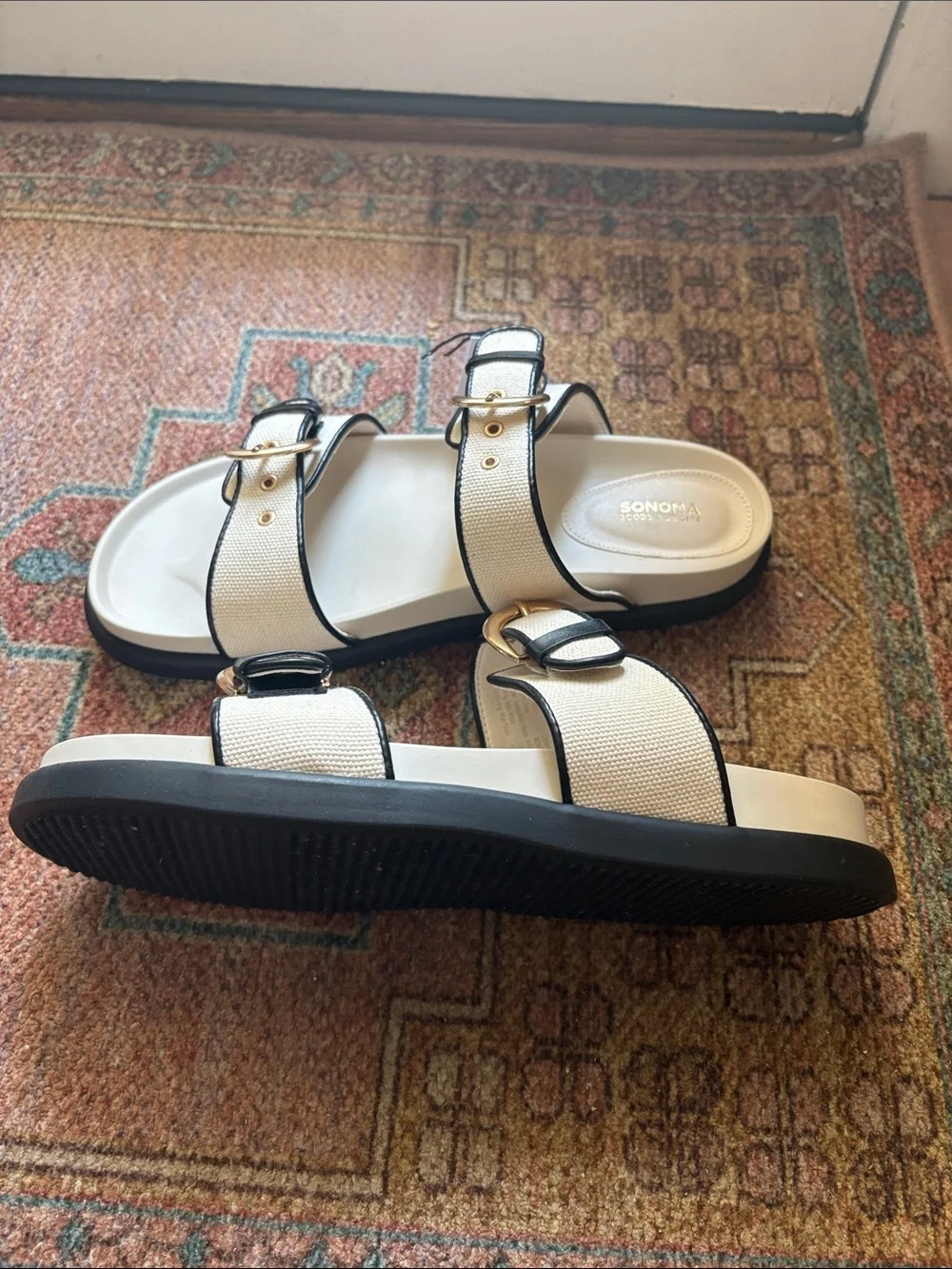 Kohl's Cream and Black Double-Buckle Canvas Slide Sandals